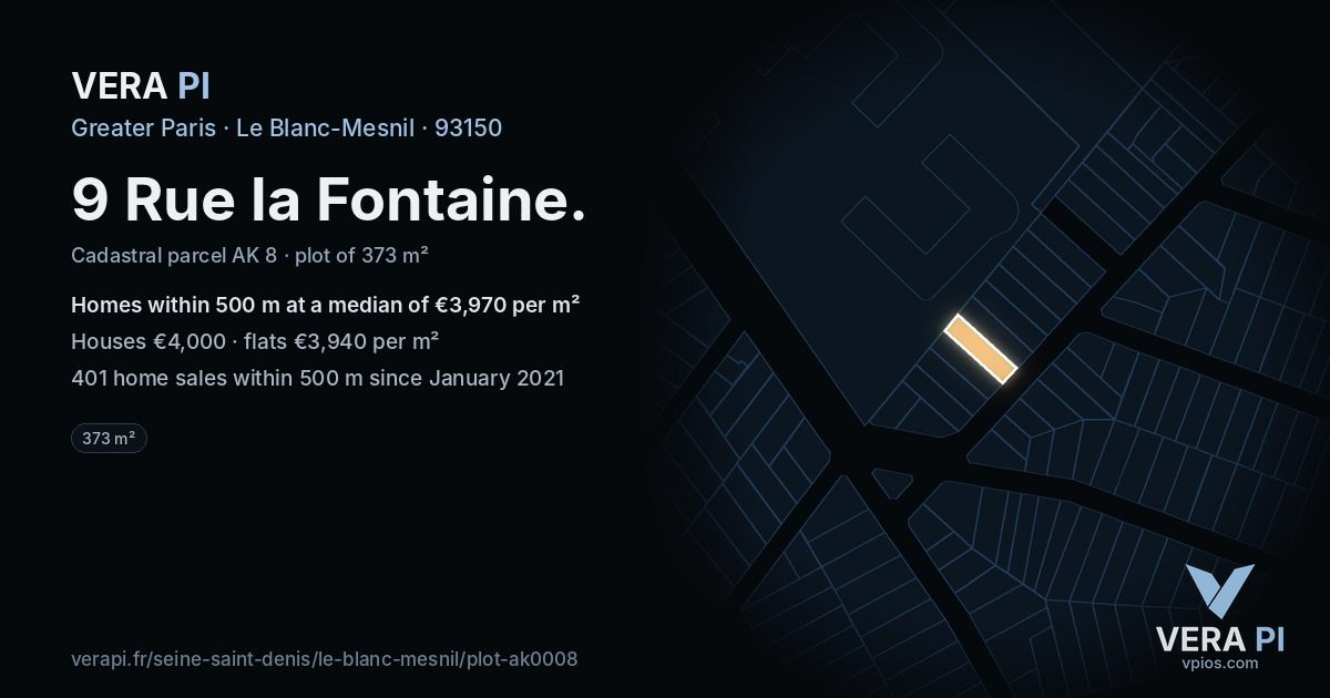 9 Rue la Fontaine, Le Blanc-Mesnil at night – the plot lit, the parcels around coloured by the prices near them