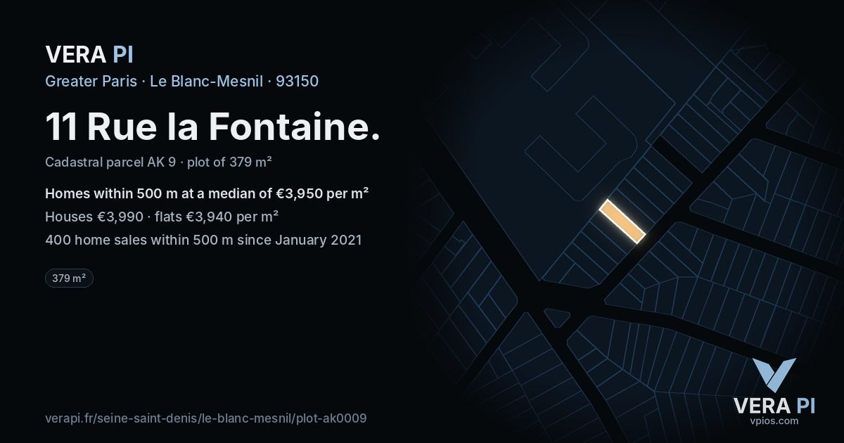 11 Rue la Fontaine, Le Blanc-Mesnil at night – the plot lit, the parcels around coloured by the prices near them