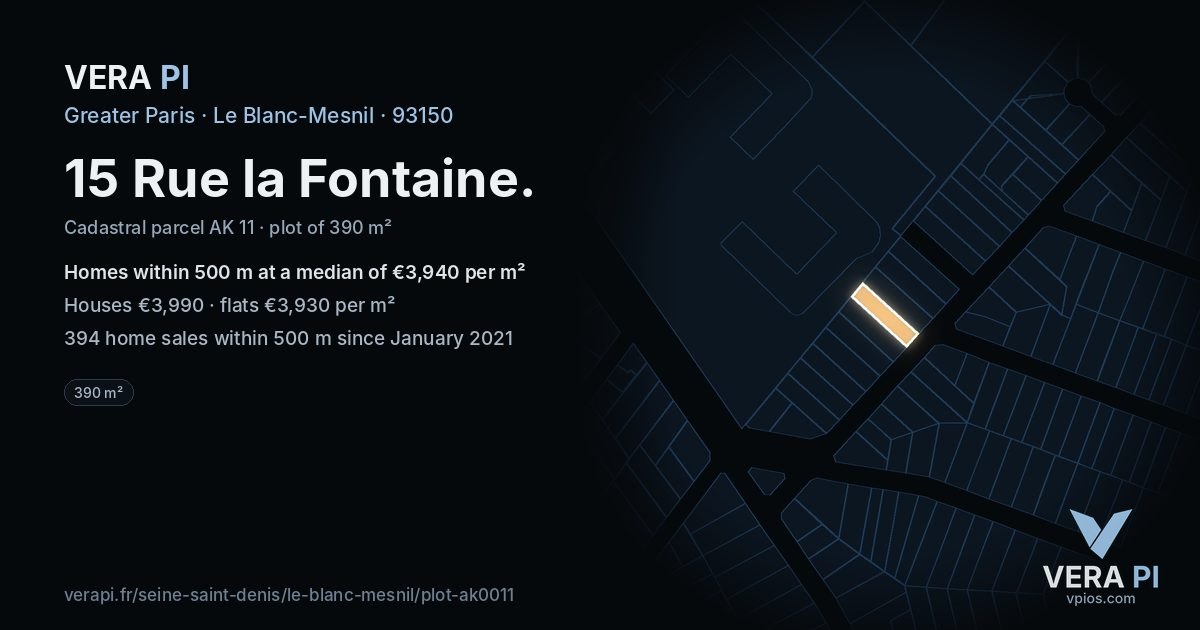 15 Rue la Fontaine, Le Blanc-Mesnil at night – the plot lit, the parcels around coloured by the prices near them