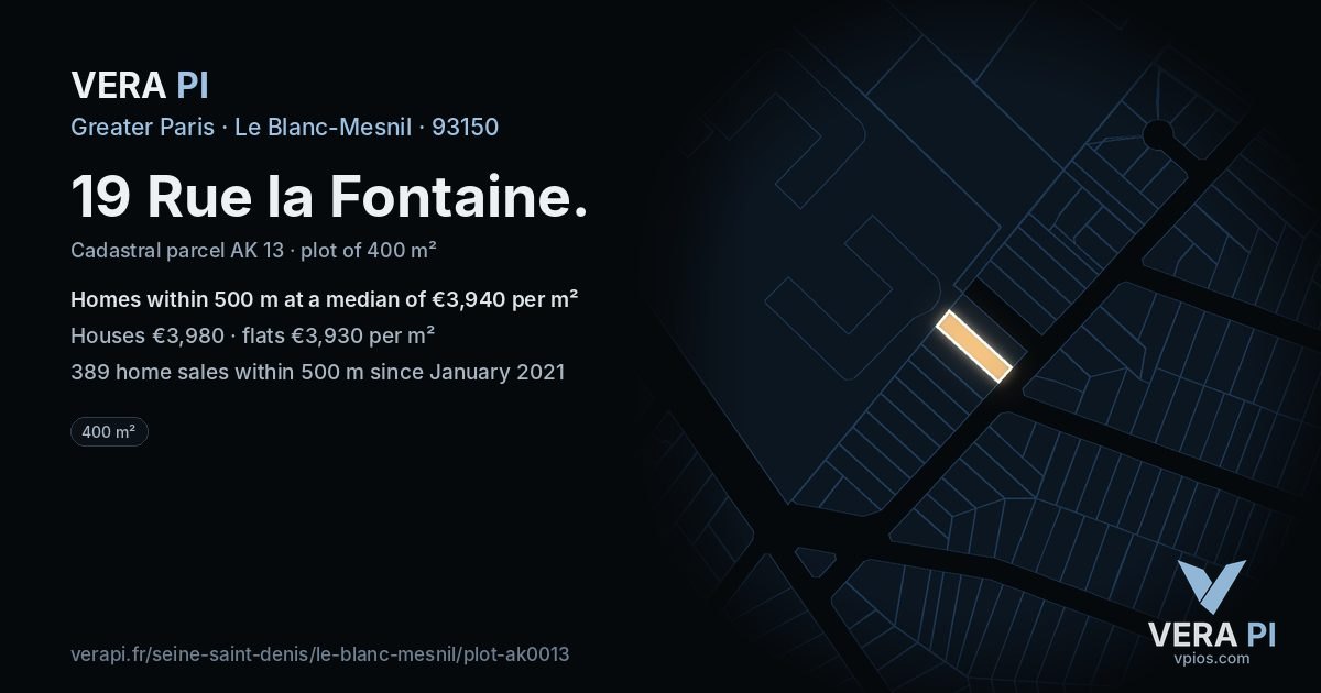 19 Rue la Fontaine, Le Blanc-Mesnil at night – the plot lit, the parcels around coloured by the prices near them