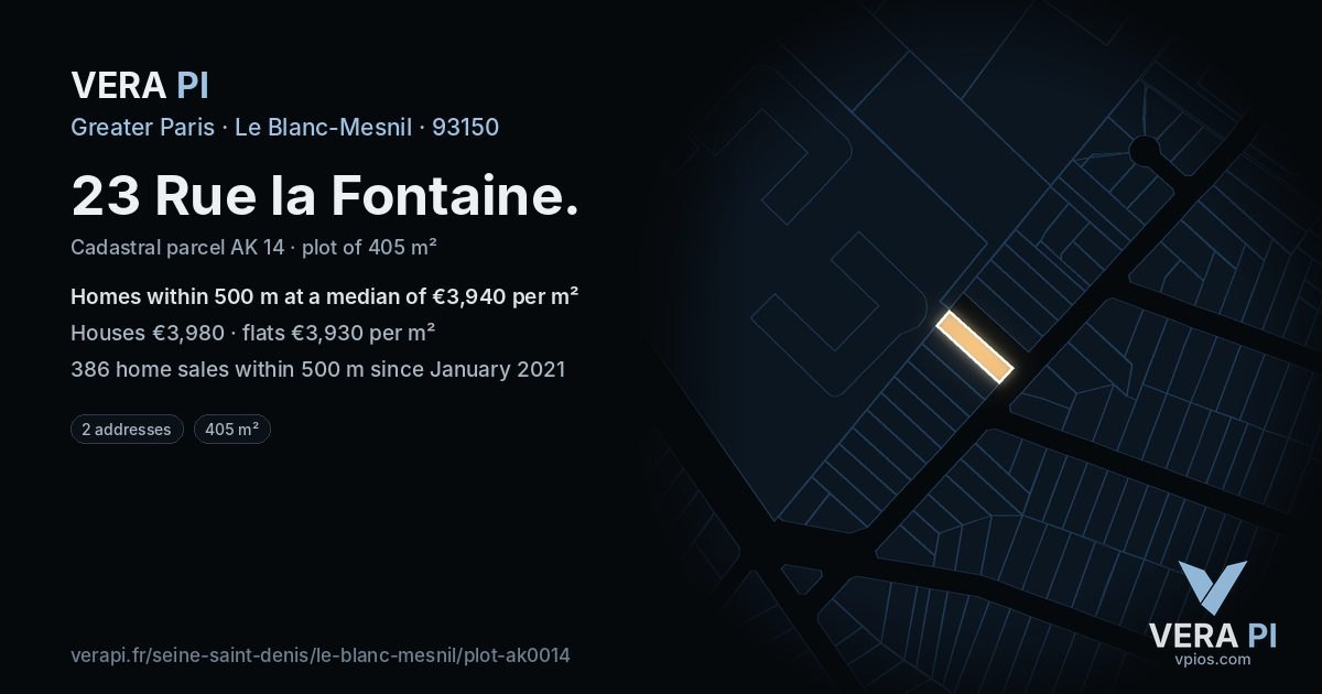 23 Rue la Fontaine, Le Blanc-Mesnil at night – the plot lit, the parcels around coloured by the prices near them