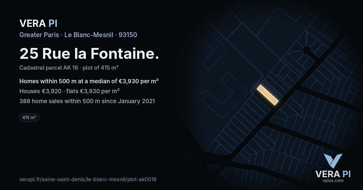 25 Rue la Fontaine, Le Blanc-Mesnil at night – the plot lit, the parcels around coloured by the prices near them