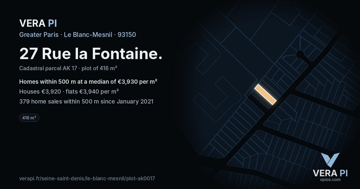 27 Rue la Fontaine, Le Blanc-Mesnil at night – the plot lit, the parcels around coloured by the prices near them