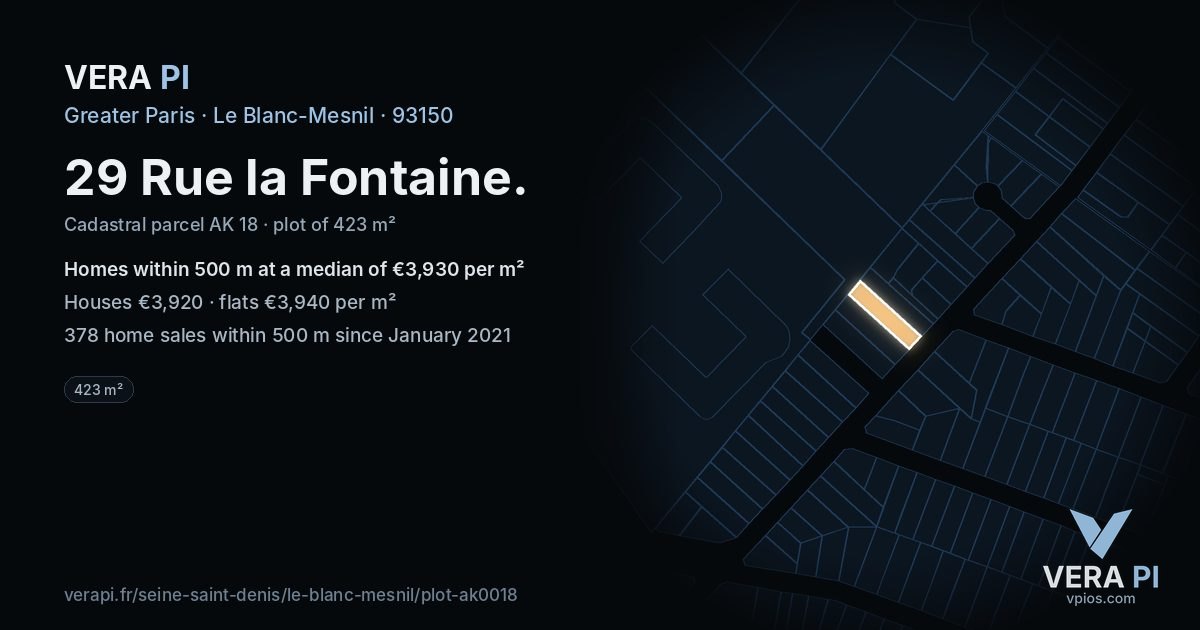 29 Rue la Fontaine, Le Blanc-Mesnil at night – the plot lit, the parcels around coloured by the prices near them