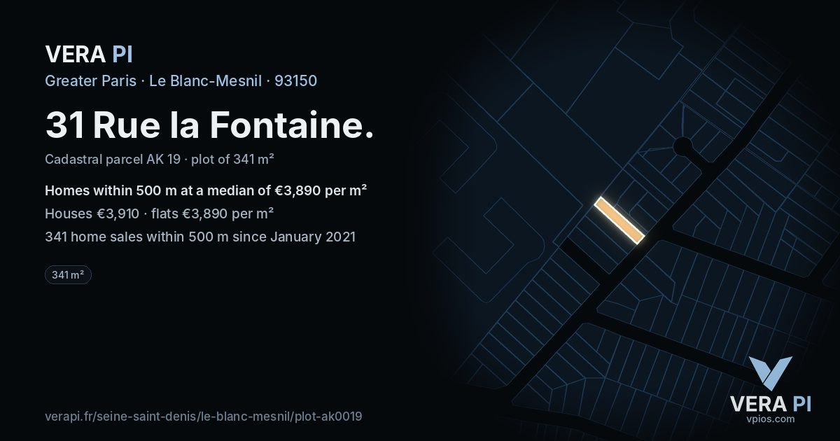 31 Rue la Fontaine, Le Blanc-Mesnil at night – the plot lit, the parcels around coloured by the prices near them