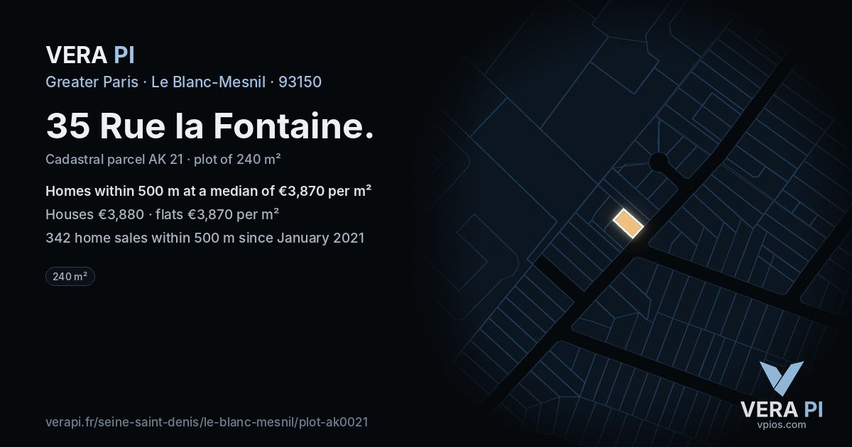 35 Rue la Fontaine, Le Blanc-Mesnil at night – the plot lit, the parcels around coloured by the prices near them