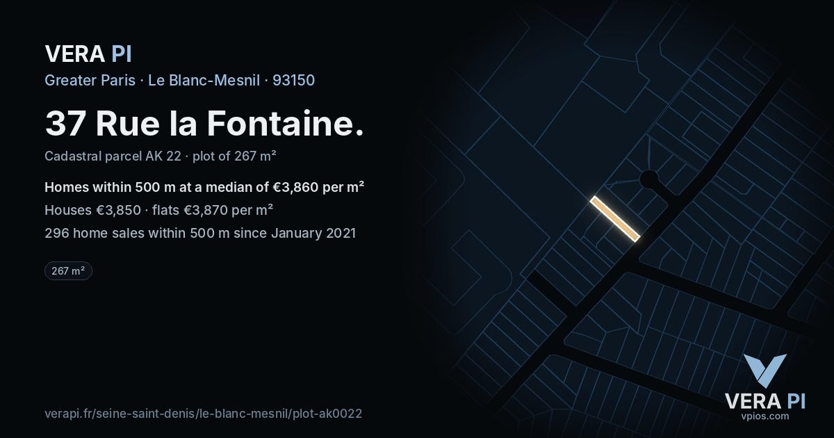 37 Rue la Fontaine, Le Blanc-Mesnil at night – the plot lit, the parcels around coloured by the prices near them