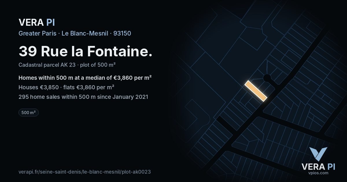 39 Rue la Fontaine, Le Blanc-Mesnil at night – the plot lit, the parcels around coloured by the prices near them