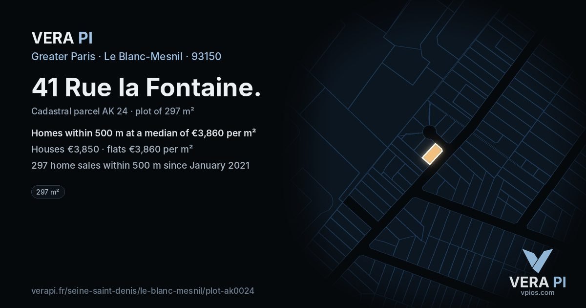41 Rue la Fontaine, Le Blanc-Mesnil at night – the plot lit, the parcels around coloured by the prices near them