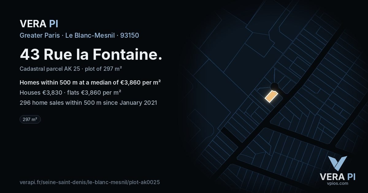 43 Rue la Fontaine, Le Blanc-Mesnil at night – the plot lit, the parcels around coloured by the prices near them