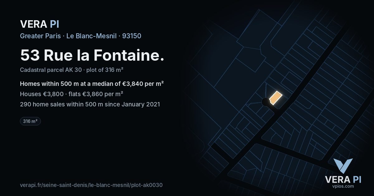 53 Rue la Fontaine, Le Blanc-Mesnil at night – the plot lit, the parcels around coloured by the prices near them