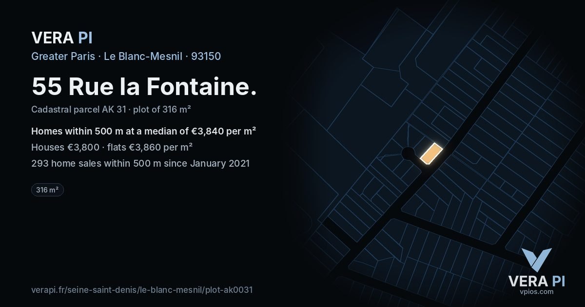 55 Rue la Fontaine, Le Blanc-Mesnil at night – the plot lit, the parcels around coloured by the prices near them