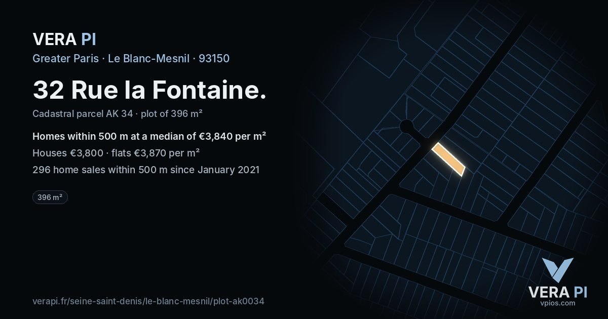 32 Rue la Fontaine, Le Blanc-Mesnil at night – the plot lit, the parcels around coloured by the prices near them