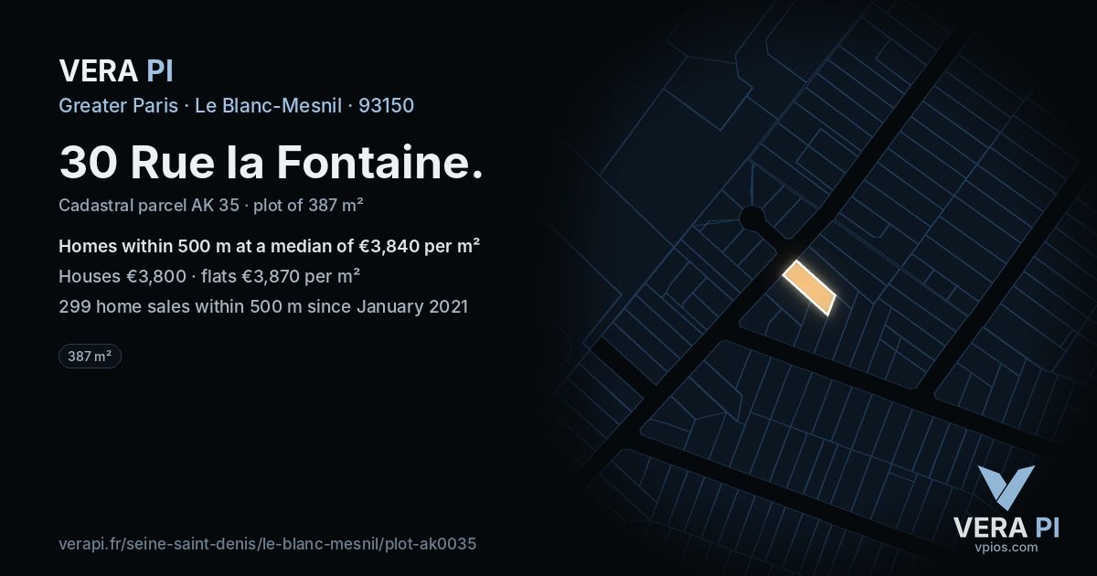 30 Rue la Fontaine, Le Blanc-Mesnil at night – the plot lit, the parcels around coloured by the prices near them