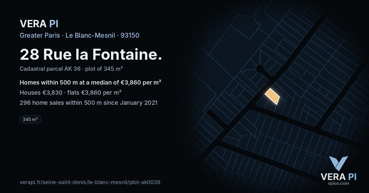 28 Rue la Fontaine, Le Blanc-Mesnil at night – the plot lit, the parcels around coloured by the prices near them