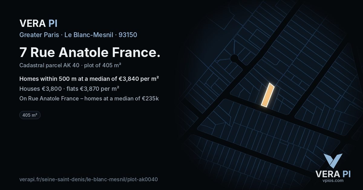 7 Rue Anatole France, Le Blanc-Mesnil at night – the plot lit, the parcels around coloured by the prices near them