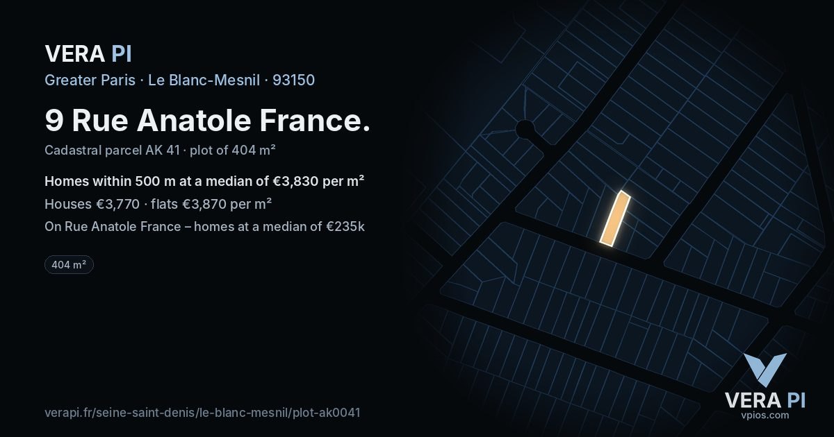 9 Rue Anatole France, Le Blanc-Mesnil at night – the plot lit, the parcels around coloured by the prices near them