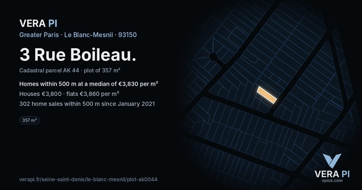 3 Rue Boileau, Le Blanc-Mesnil at night – the plot lit, the parcels around coloured by the prices near them