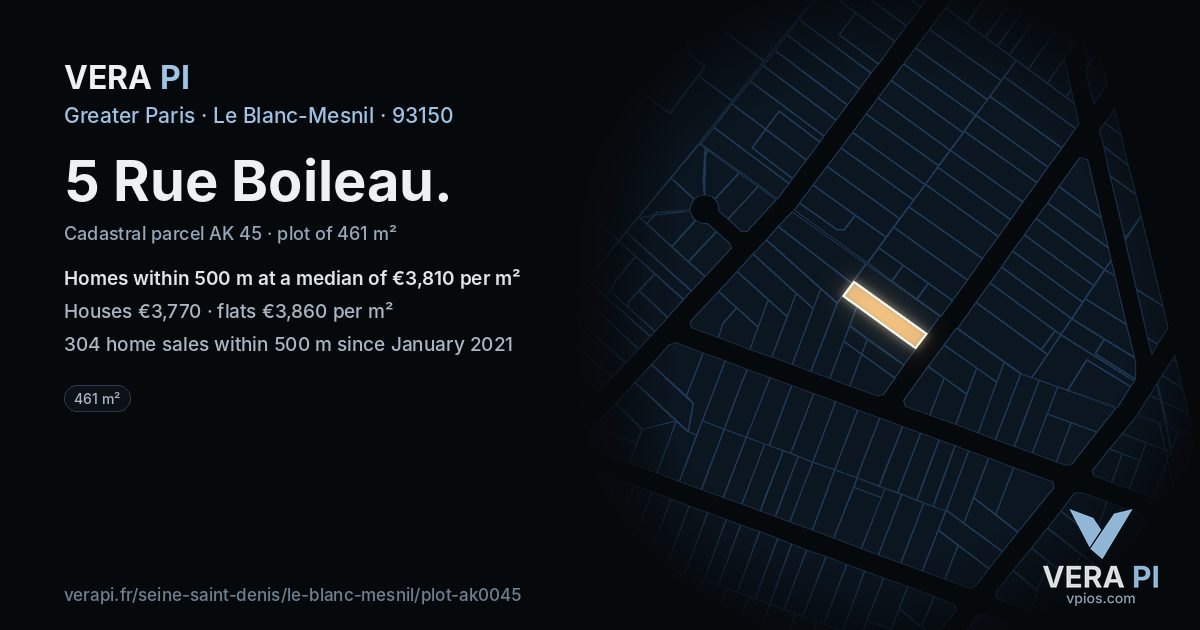 5 Rue Boileau, Le Blanc-Mesnil at night – the plot lit, the parcels around coloured by the prices near them