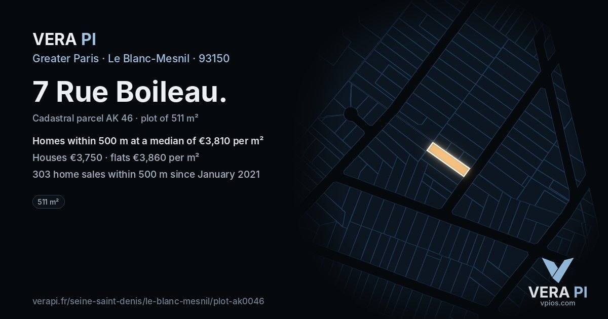 7 Rue Boileau, Le Blanc-Mesnil at night – the plot lit, the parcels around coloured by the prices near them