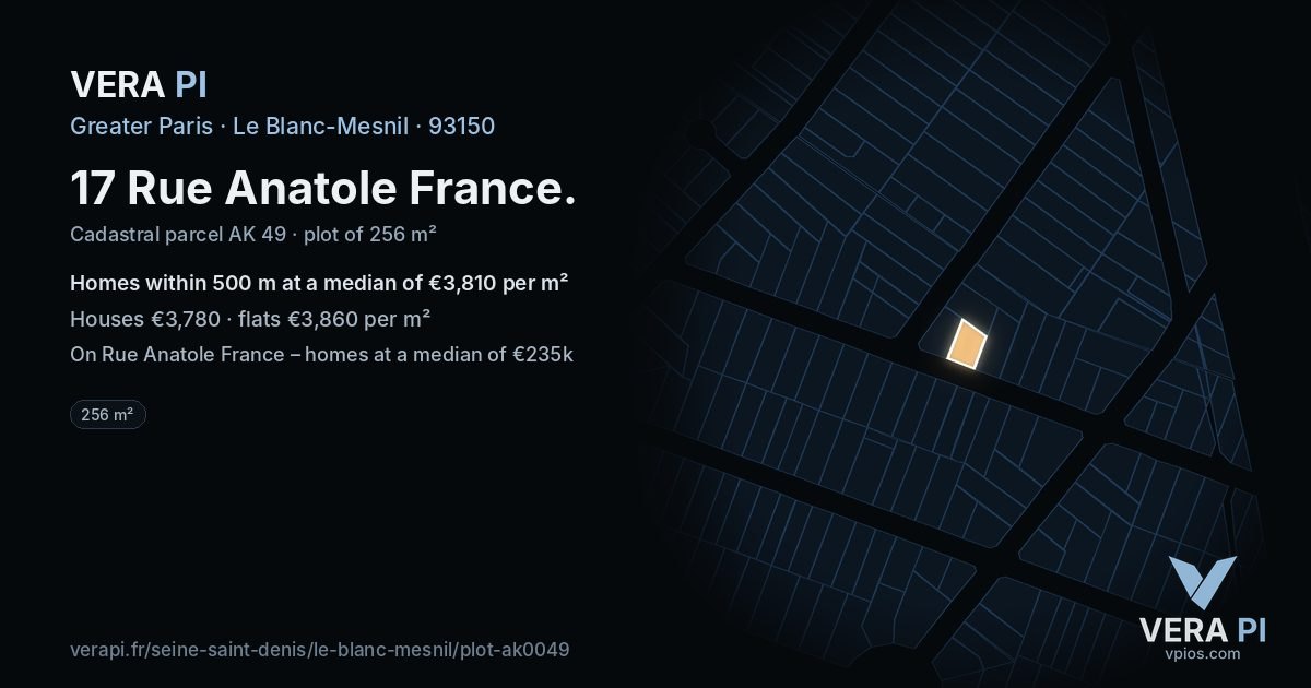 17 Rue Anatole France, Le Blanc-Mesnil at night – the plot lit, the parcels around coloured by the prices near them