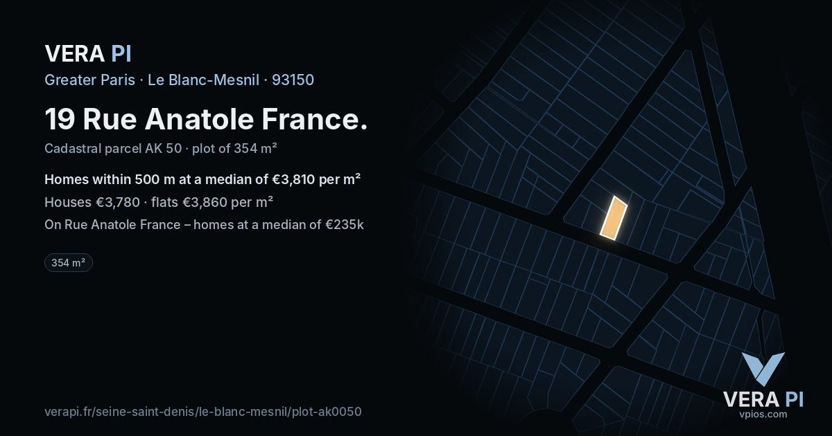 19 Rue Anatole France, Le Blanc-Mesnil at night – the plot lit, the parcels around coloured by the prices near them