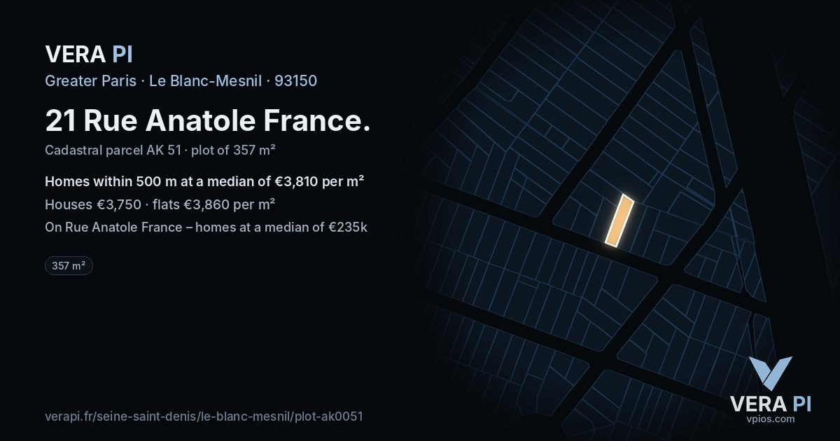 21 Rue Anatole France, Le Blanc-Mesnil at night – the plot lit, the parcels around coloured by the prices near them