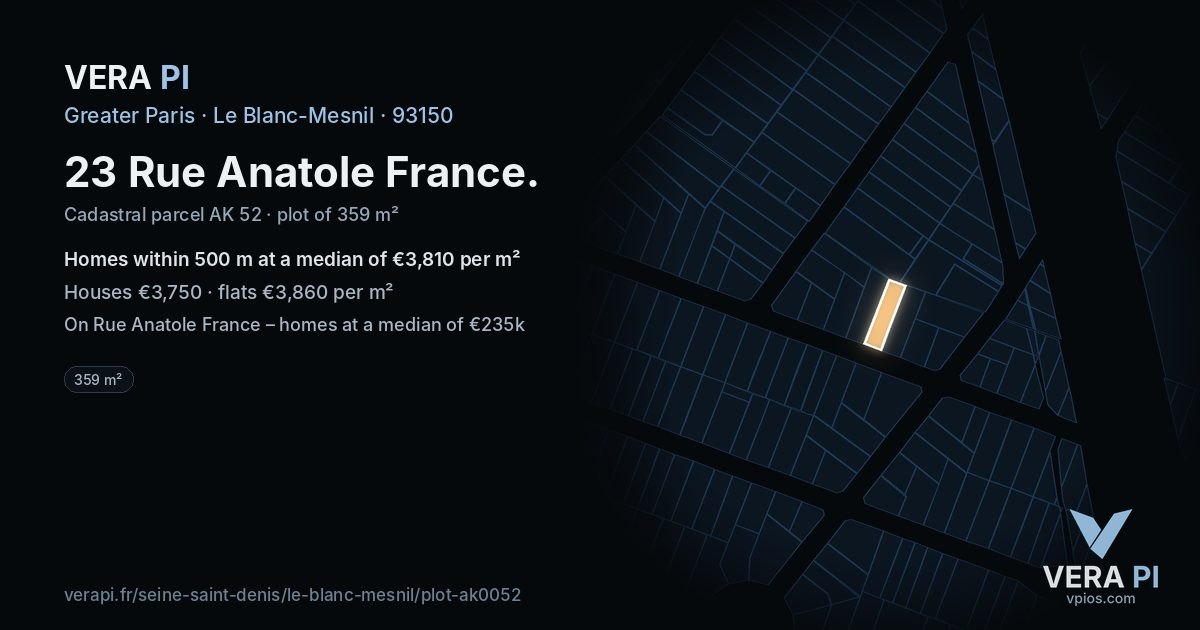 23 Rue Anatole France, Le Blanc-Mesnil at night – the plot lit, the parcels around coloured by the prices near them