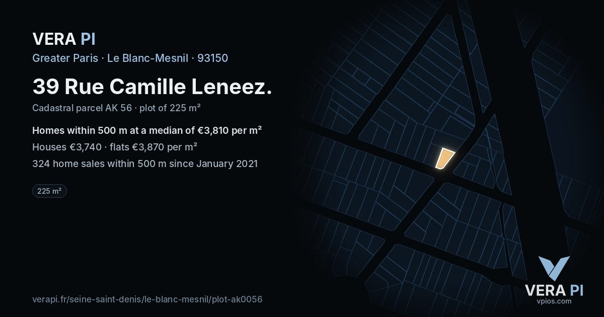 39 Rue Camille Leneez, Le Blanc-Mesnil at night – the plot lit, the parcels around coloured by the prices near them