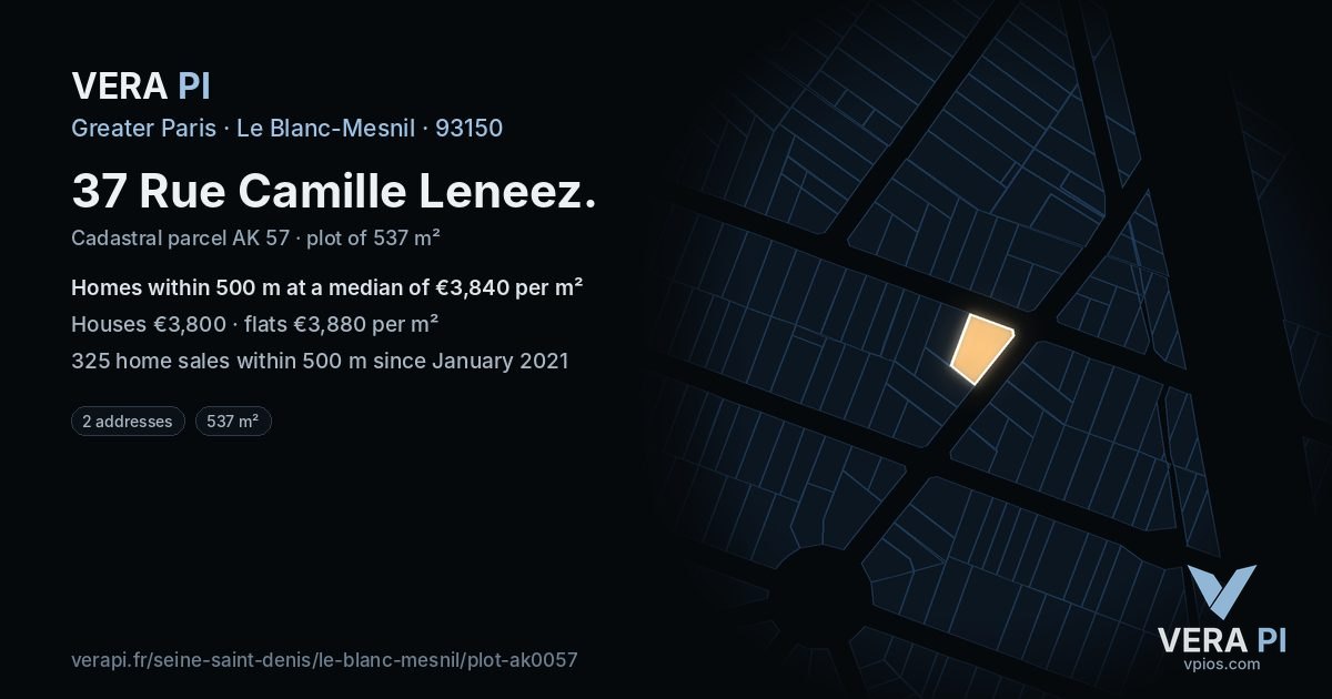 37 Rue Camille Leneez, Le Blanc-Mesnil at night – the plot lit, the parcels around coloured by the prices near them