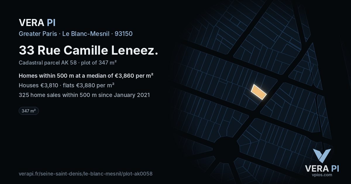 33 Rue Camille Leneez, Le Blanc-Mesnil at night – the plot lit, the parcels around coloured by the prices near them