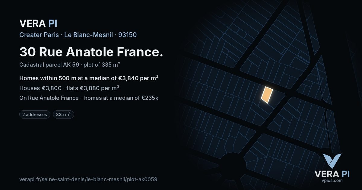 30 Rue Anatole France, Le Blanc-Mesnil at night – the plot lit, the parcels around coloured by the prices near them