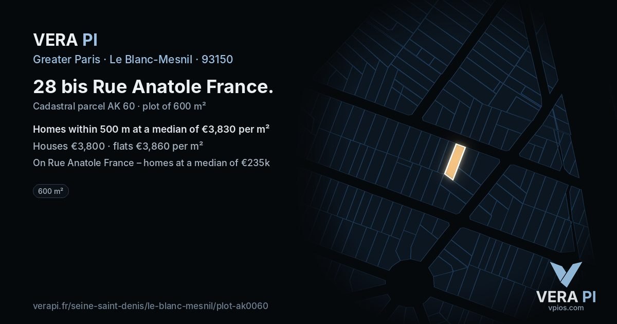 28 bis Rue Anatole France, Le Blanc-Mesnil at night – the plot lit, the parcels around coloured by the prices near them