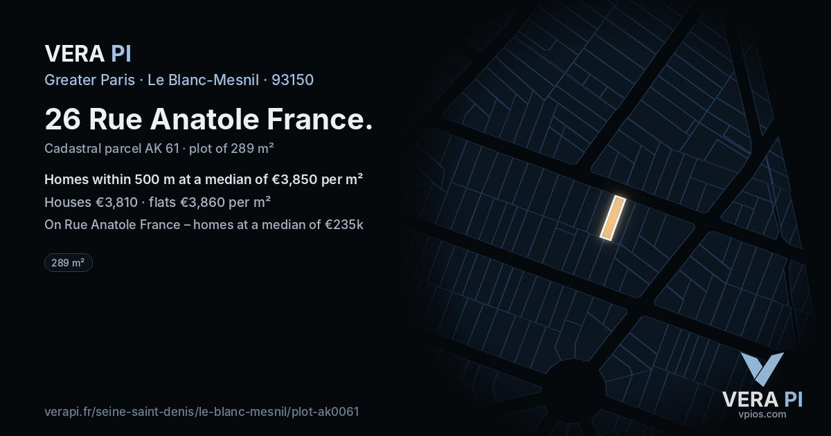 26 Rue Anatole France, Le Blanc-Mesnil at night – the plot lit, the parcels around coloured by the prices near them