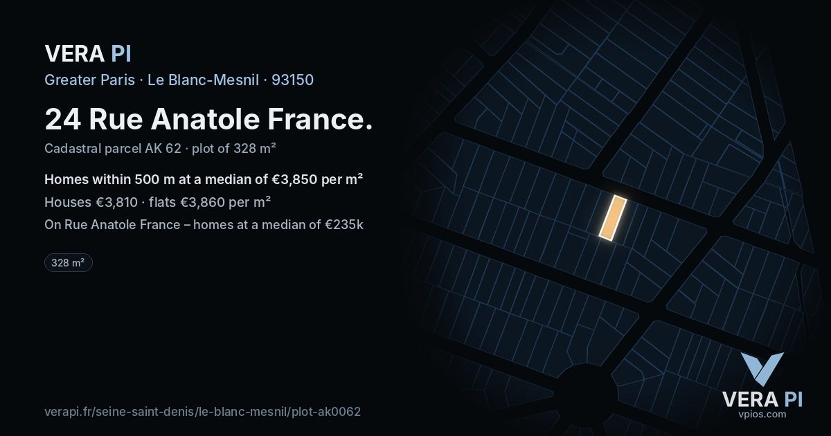 24 Rue Anatole France, Le Blanc-Mesnil at night – the plot lit, the parcels around coloured by the prices near them