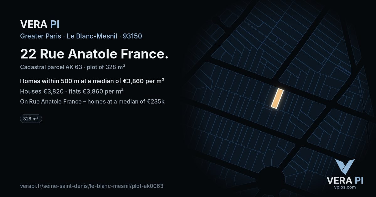 22 Rue Anatole France, Le Blanc-Mesnil at night – the plot lit, the parcels around coloured by the prices near them