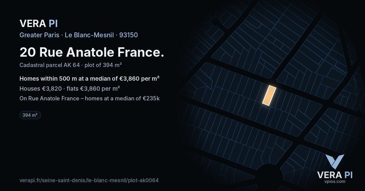 20 Rue Anatole France, Le Blanc-Mesnil at night – the plot lit, the parcels around coloured by the prices near them