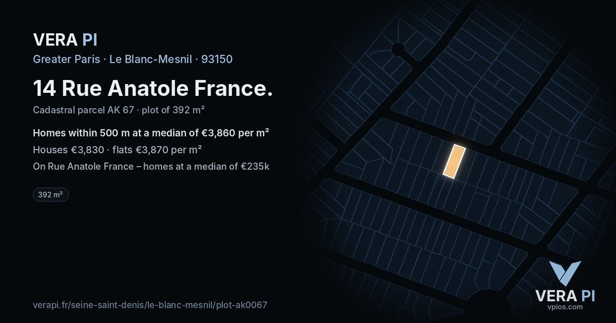 14 Rue Anatole France, Le Blanc-Mesnil at night – the plot lit, the parcels around coloured by the prices near them