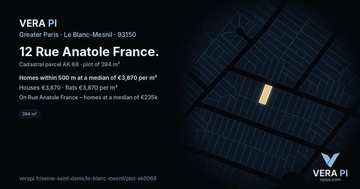 12 Rue Anatole France, Le Blanc-Mesnil at night – the plot lit, the parcels around coloured by the prices near them