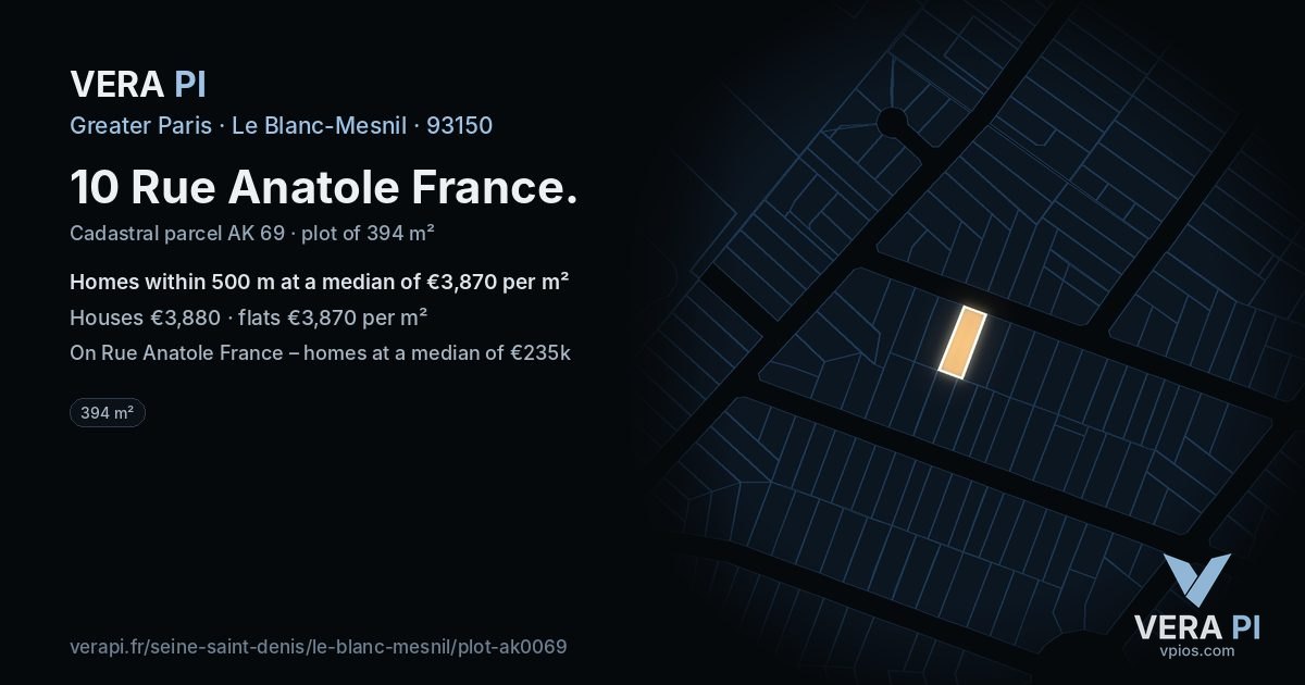 10 Rue Anatole France, Le Blanc-Mesnil at night – the plot lit, the parcels around coloured by the prices near them