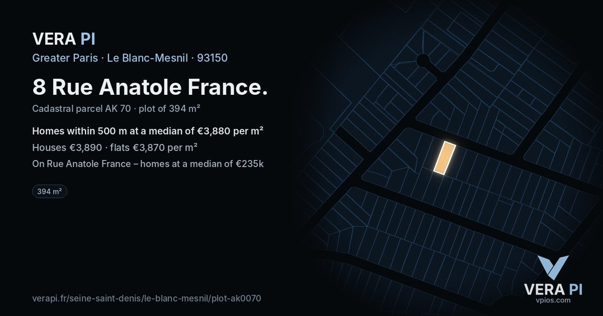 8 Rue Anatole France, Le Blanc-Mesnil at night – the plot lit, the parcels around coloured by the prices near them