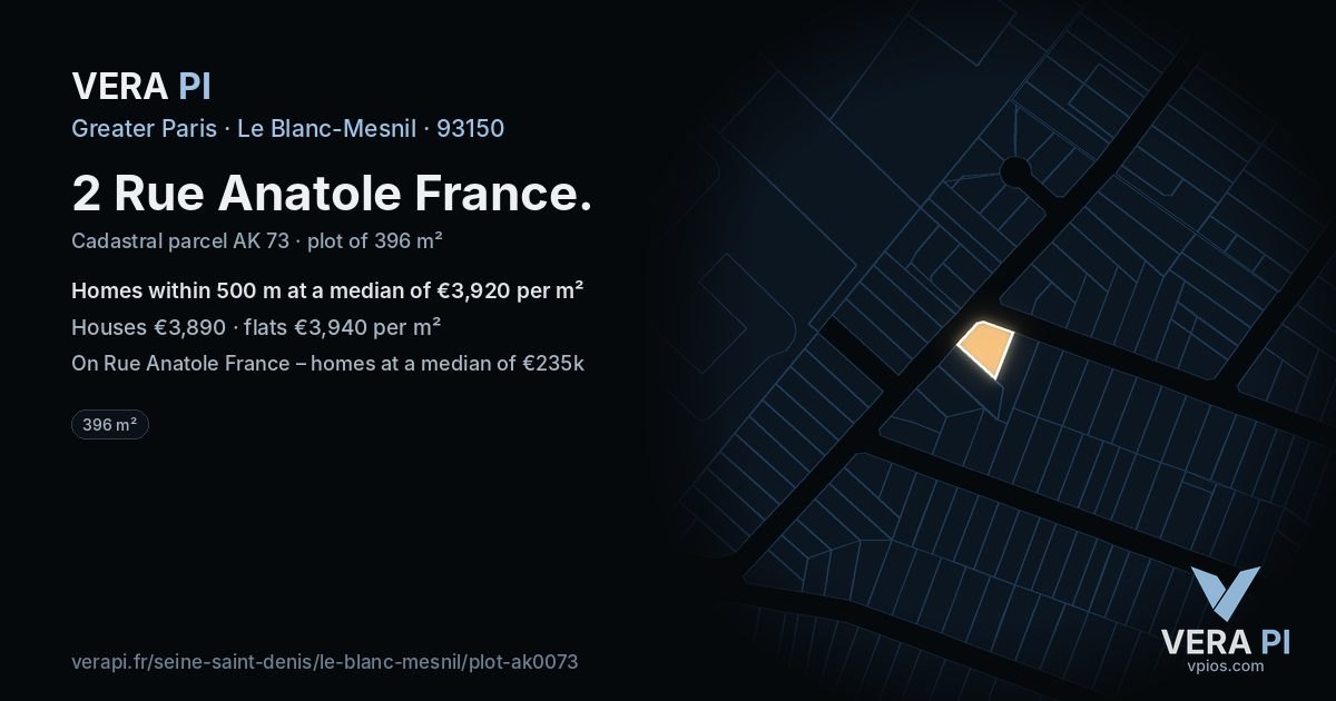 2 Rue Anatole France, Le Blanc-Mesnil at night – the plot lit, the parcels around coloured by the prices near them