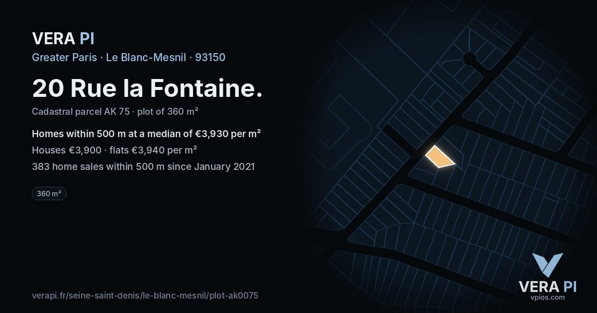 20 Rue la Fontaine, Le Blanc-Mesnil at night – the plot lit, the parcels around coloured by the prices near them