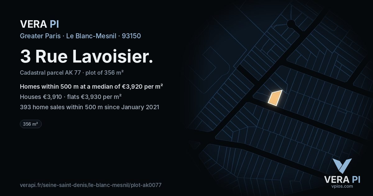 3 Rue Lavoisier, Le Blanc-Mesnil at night – the plot lit, the parcels around coloured by the prices near them
