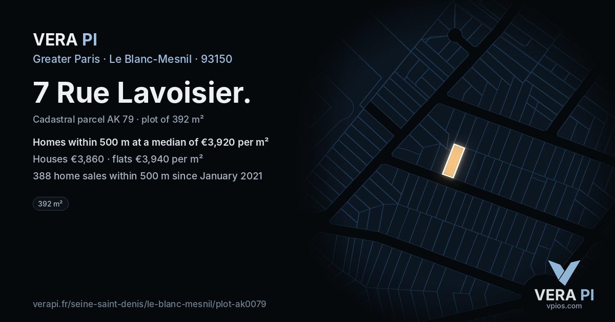 7 Rue Lavoisier, Le Blanc-Mesnil at night – the plot lit, the parcels around coloured by the prices near them