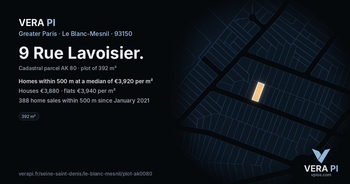 9 Rue Lavoisier, Le Blanc-Mesnil at night – the plot lit, the parcels around coloured by the prices near them
