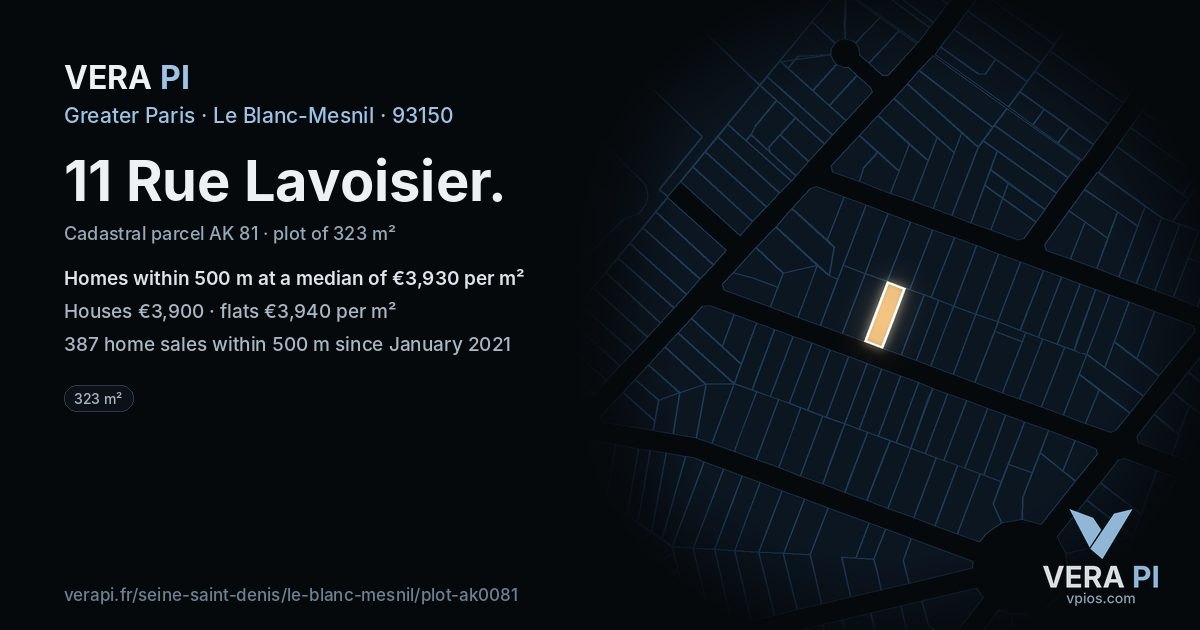 11 Rue Lavoisier, Le Blanc-Mesnil at night – the plot lit, the parcels around coloured by the prices near them