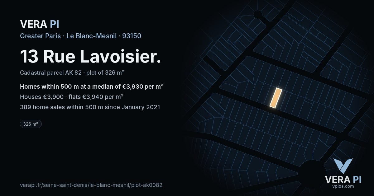 13 Rue Lavoisier, Le Blanc-Mesnil at night – the plot lit, the parcels around coloured by the prices near them