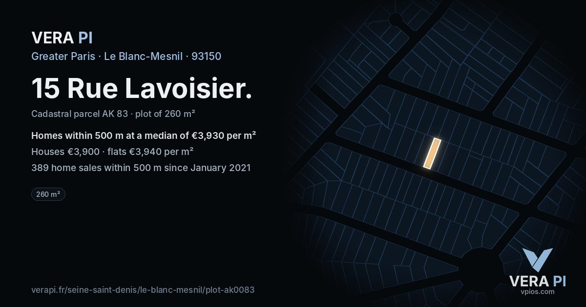 15 Rue Lavoisier, Le Blanc-Mesnil at night – the plot lit, the parcels around coloured by the prices near them