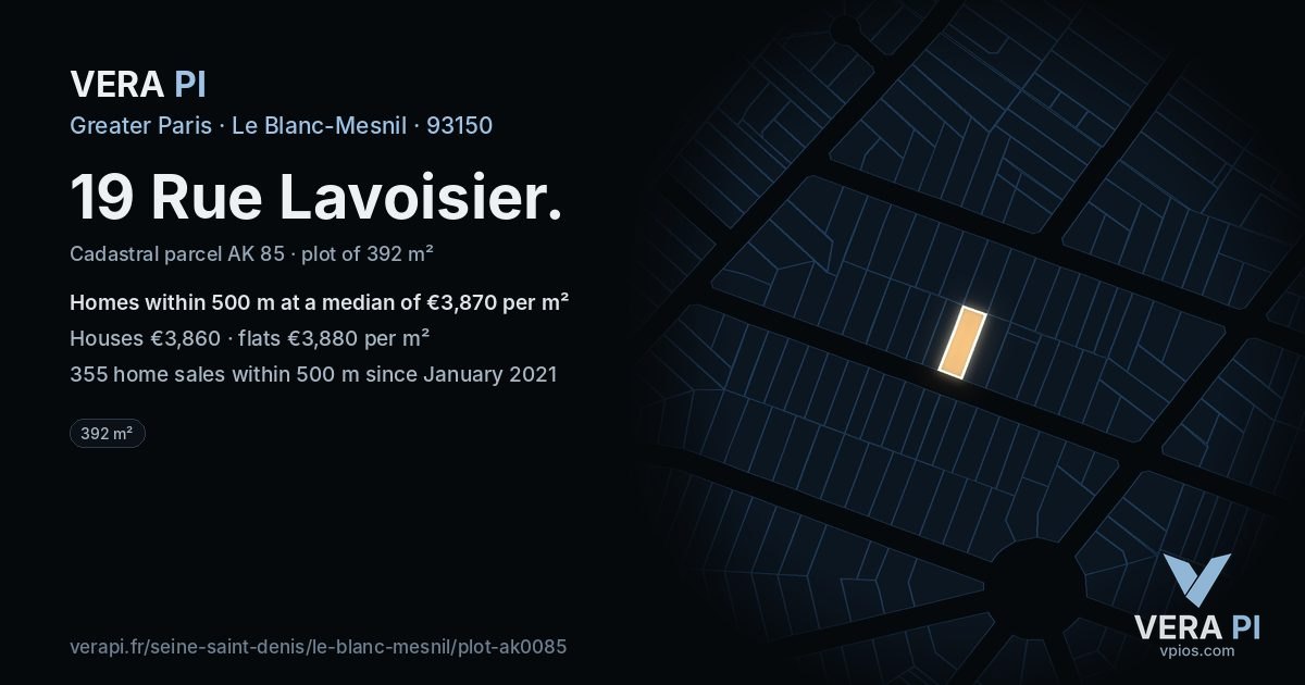 19 Rue Lavoisier, Le Blanc-Mesnil at night – the plot lit, the parcels around coloured by the prices near them